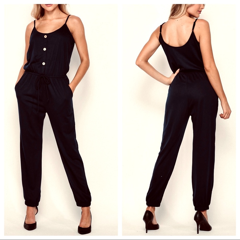 #09 Chic Black Button front pockets joggers jumpsuit - Picture 2 of 7